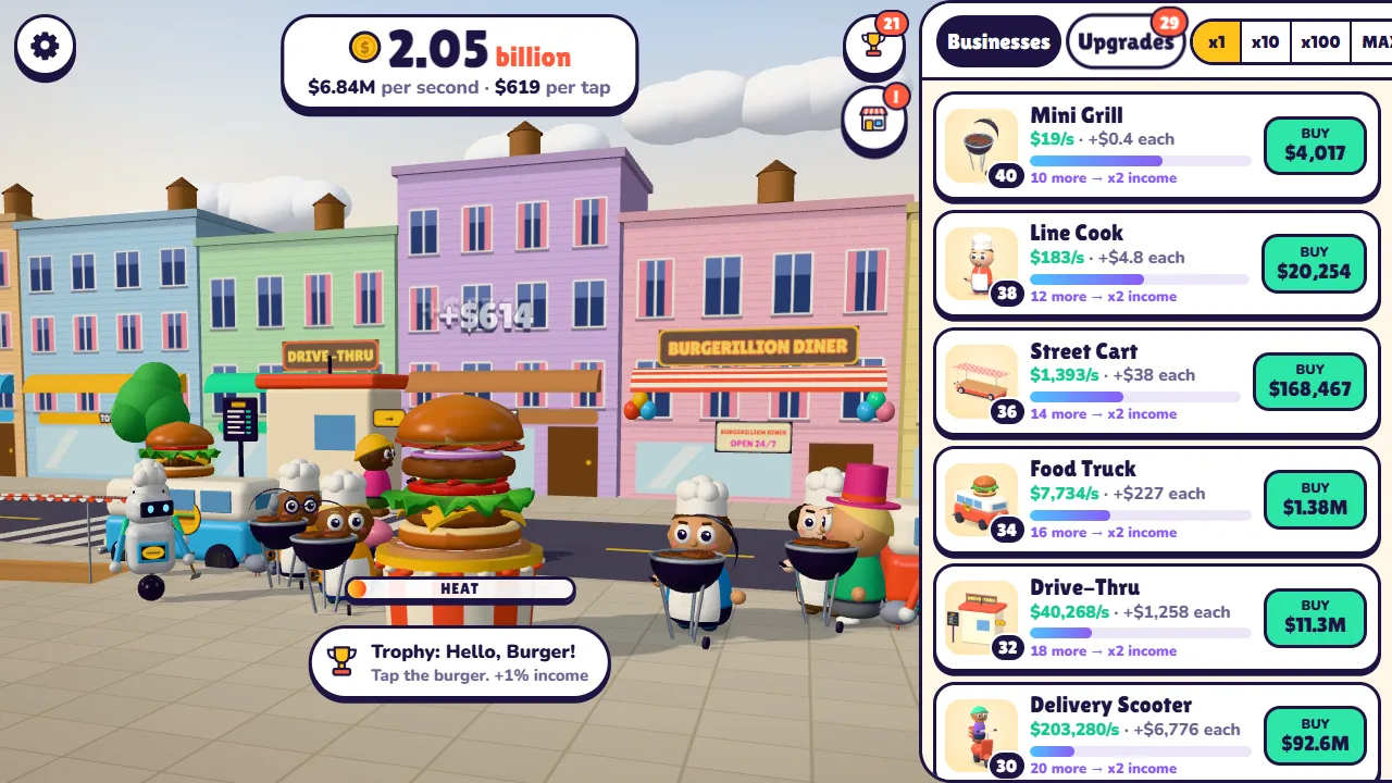 A busy burger street with grills, cooks, a robot chef, a food truck, a drive-thru and the Burgerillion Diner