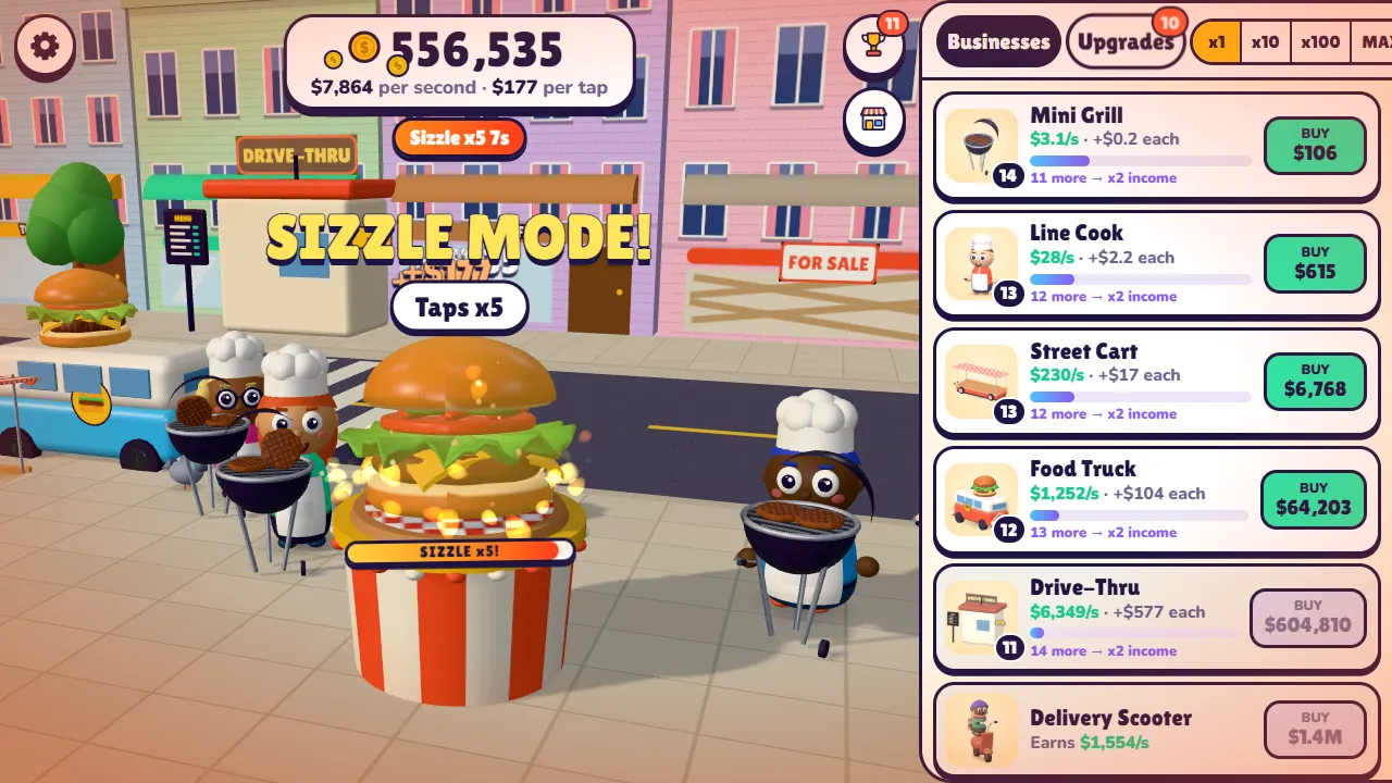 Sizzle Mode in Burgerillion: the burger glows with flames while cooks grill patties beside it