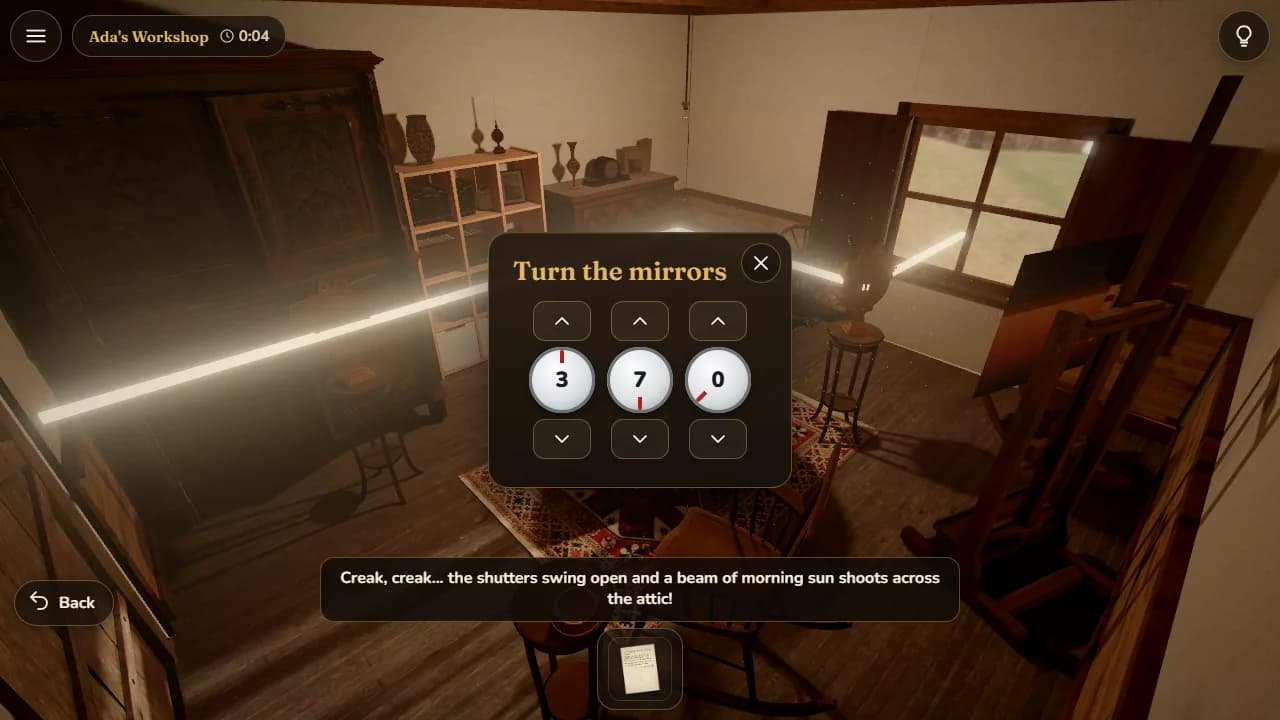Turning three mirrors in the attic workshop to send a sunbeam into the crystal ball