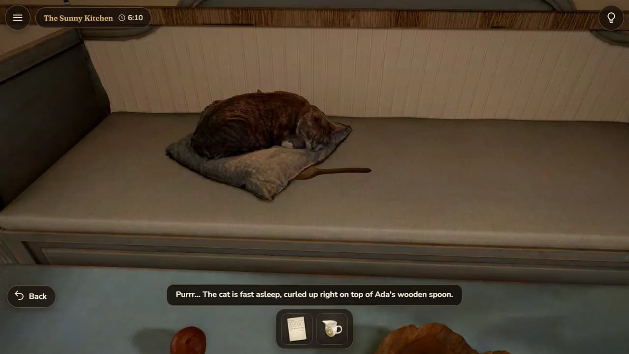 The kitchen cat fast asleep on the bench, right on top of Aunt Ada's wooden spoon