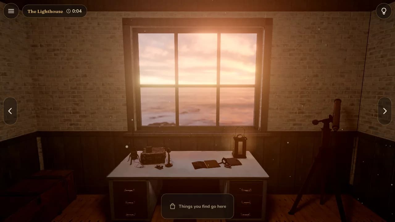 The lighthouse keeper's room at sunset, with the radio and logbook on the desk below the window
