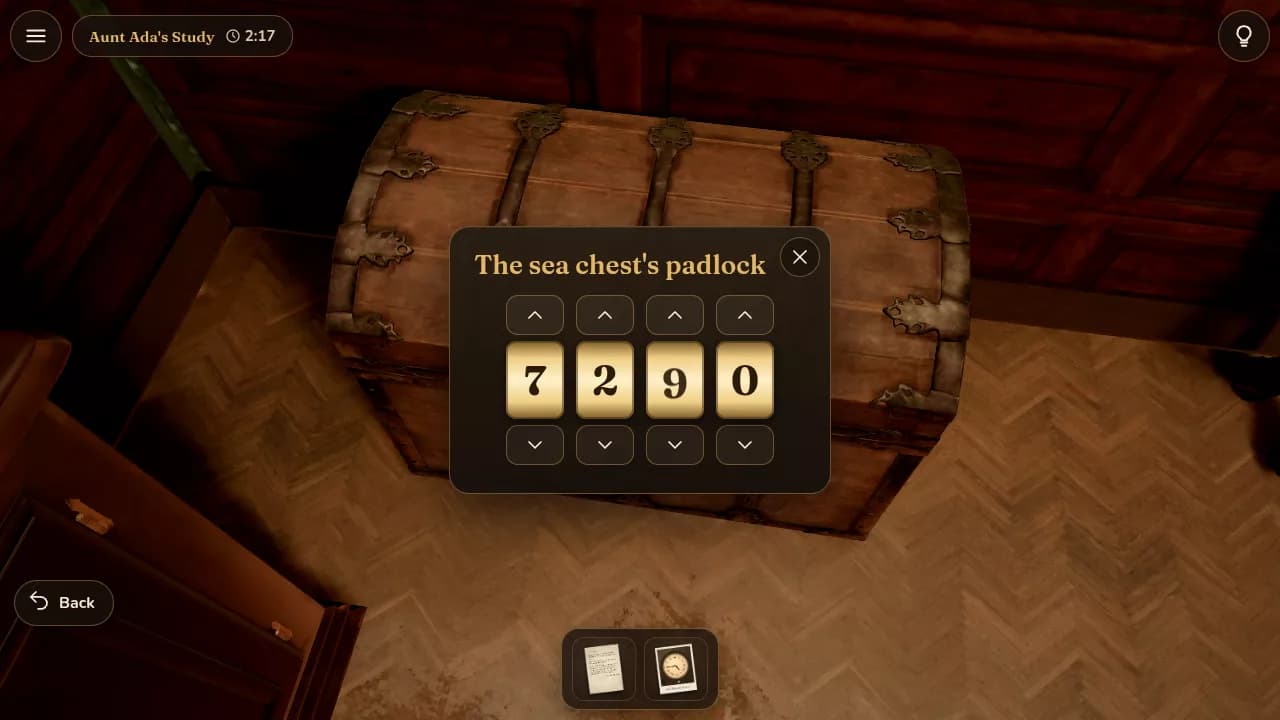 Dialling a four-digit code into the sea chest's padlock in the study