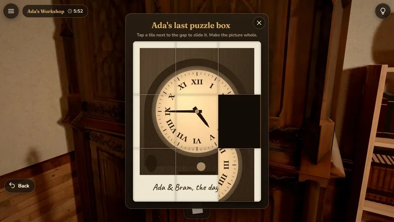 A sliding picture puzzle on Ada's last puzzle box in the attic workshop