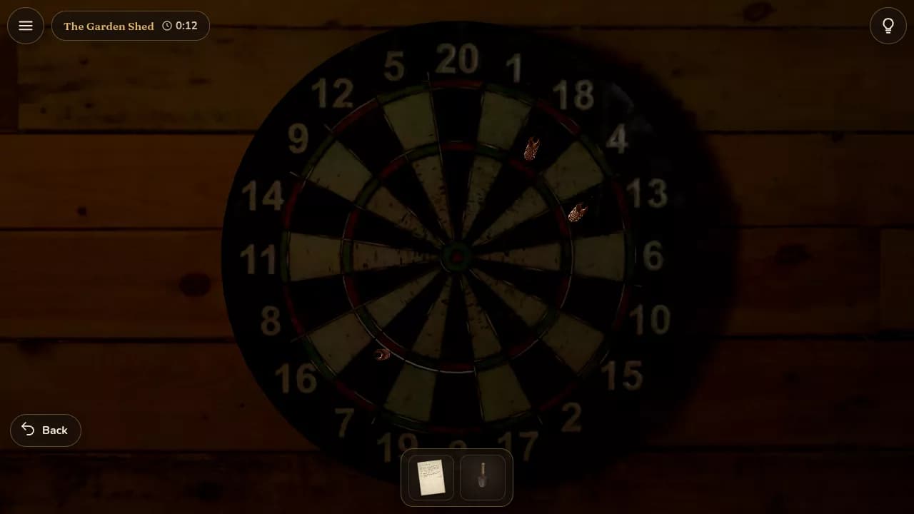 Three darts in the dartboard in the garden shed, a clue for the tool chest lock