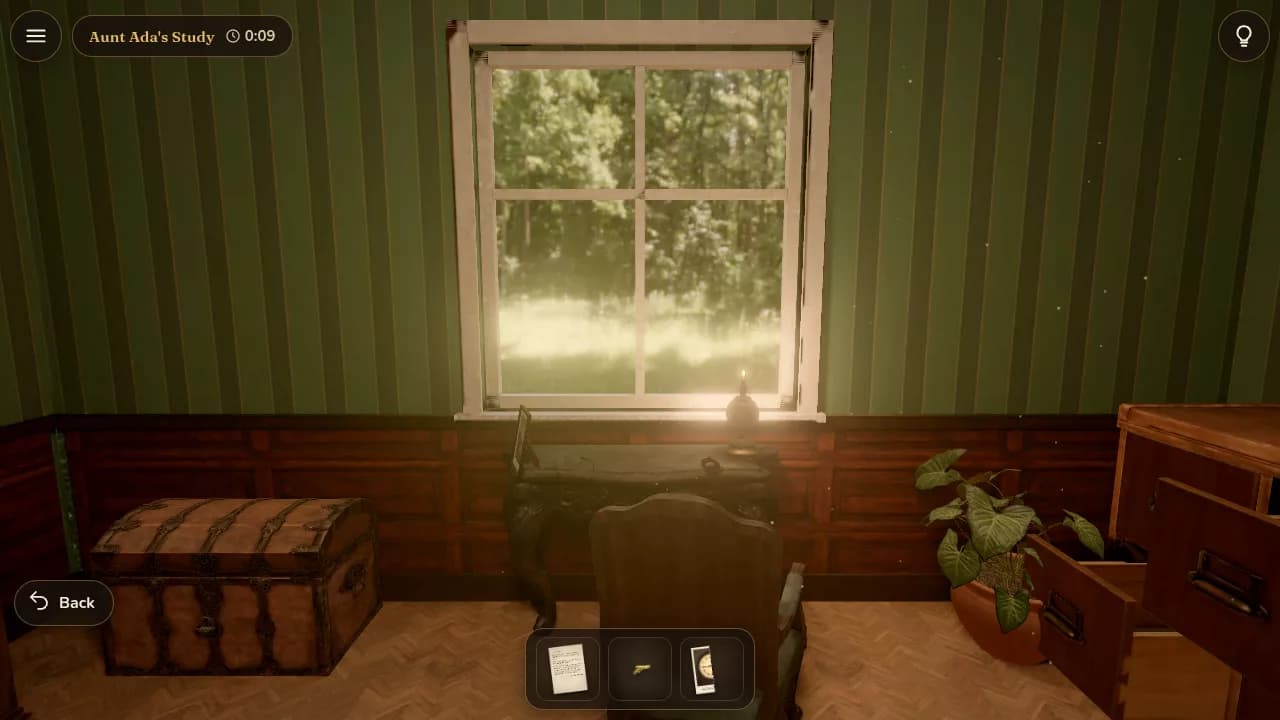Aunt Ada's Study in Escape Room: a sea chest, a writing desk under a sunny window and an open card catalogue