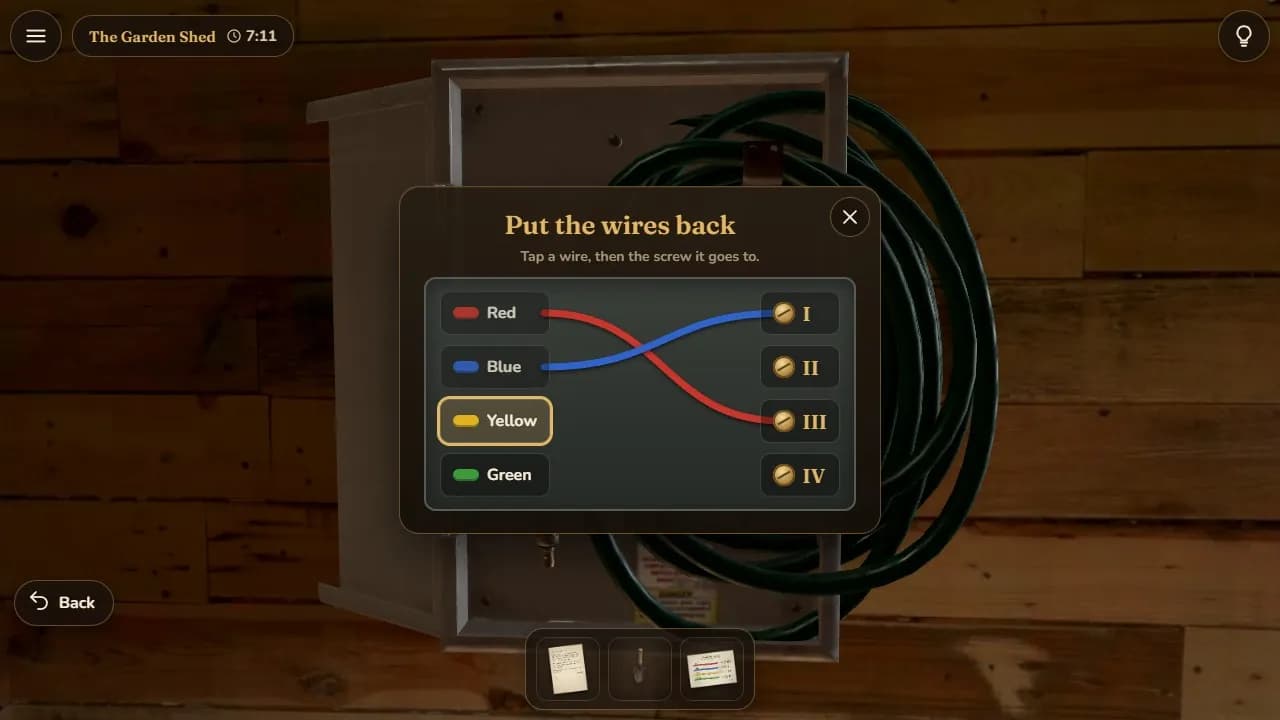 Putting the loose wires back on the right screws in the garden shed's power box