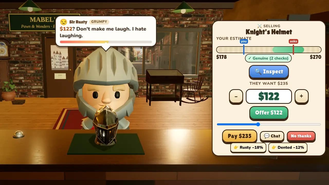 A grumpy old knight haggling over a knight's helmet on the counter of a cozy pawn shop, with the estimate bar, price picker and clue cards for rust and a dent, in the free pawn shop game Haggleton