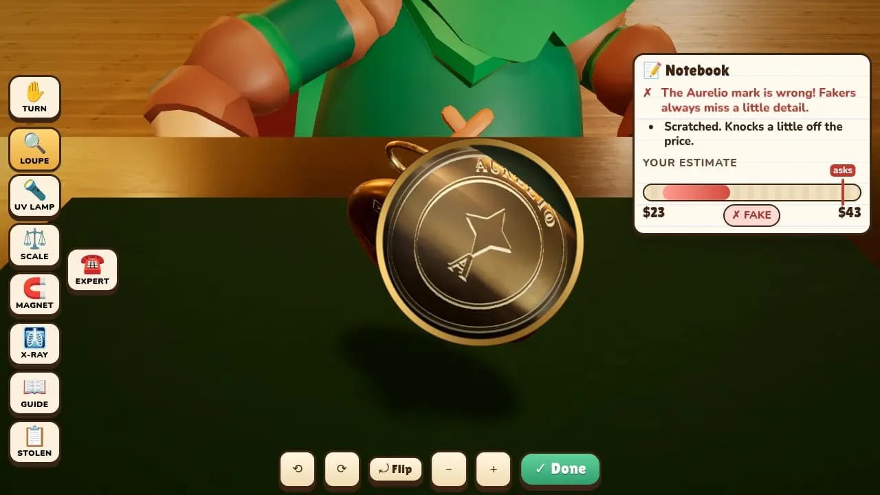 A brass loupe showing the engraved maker's mark on the back of a gold pocket watch: the star has 4 points instead of 5, and the notebook says the mark is a fake