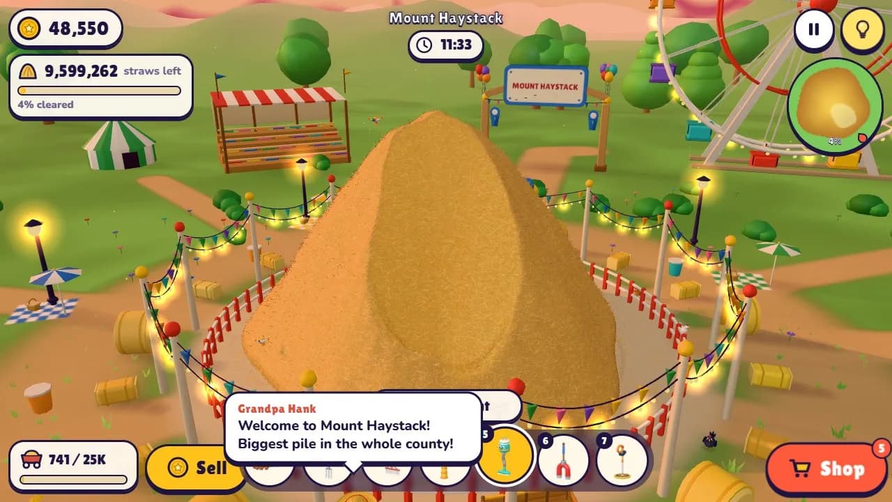 Mount Haystack, a 10,000,000-straw pile in the middle of the county fair at sunset