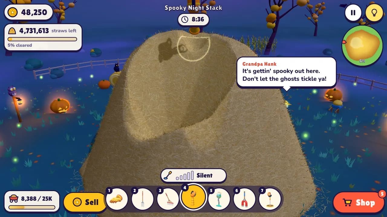The Spooky Night Stack by moonlight, with glowing jack-o'-lanterns and a friendly ghost