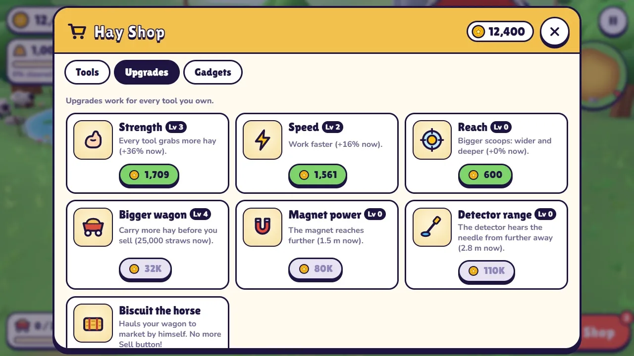 The hay shop: upgrades for strength, speed, reach and a bigger wagon