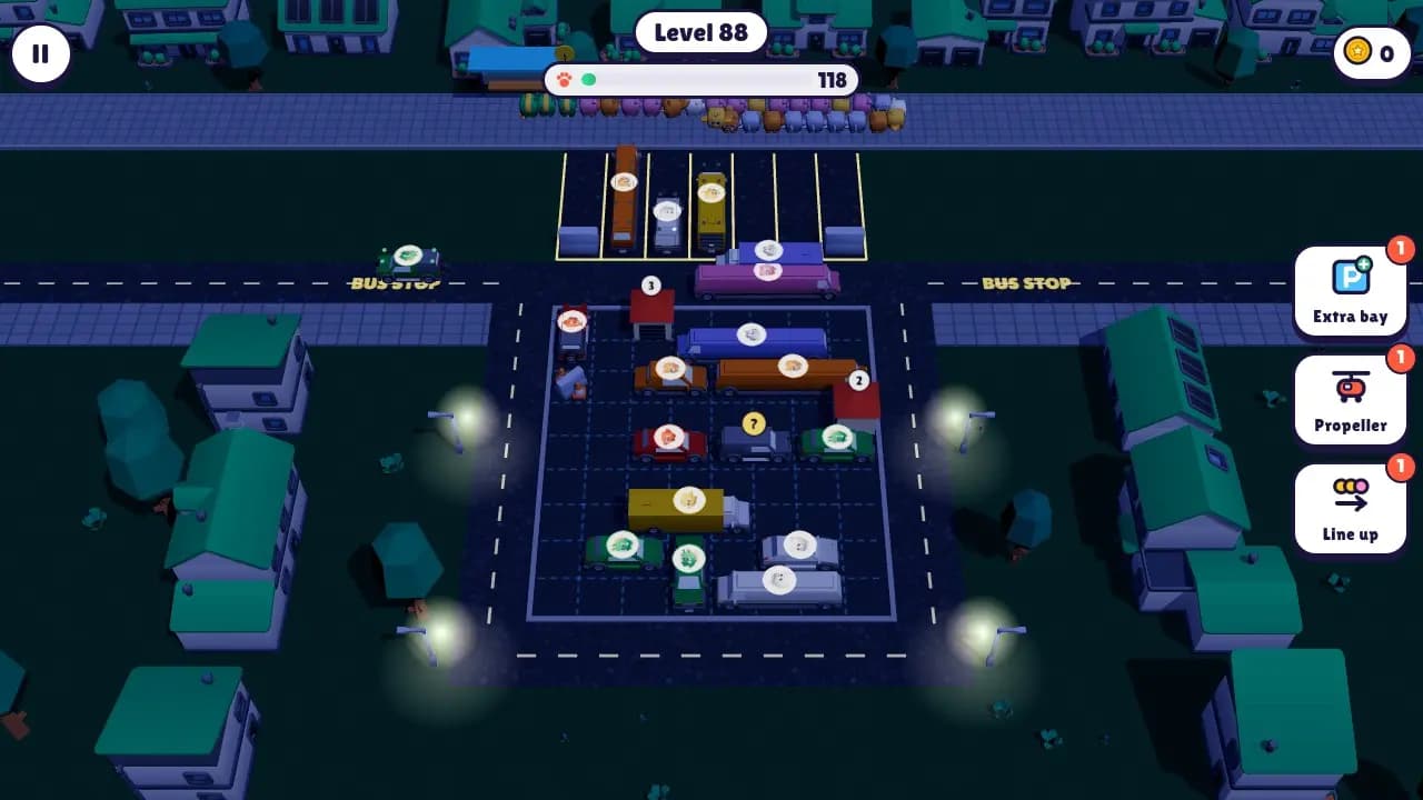 Neon City at night with glowing street lights over a jammed parking lot