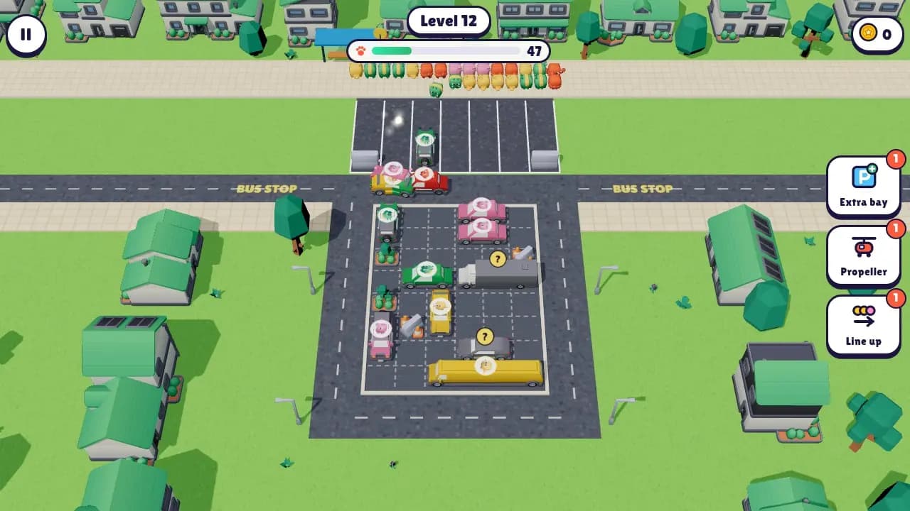 A jammed parking lot in Sunny Suburb with cars heading to the bus stop where pets wait in line, in the free bus jam puzzle Honkaroo