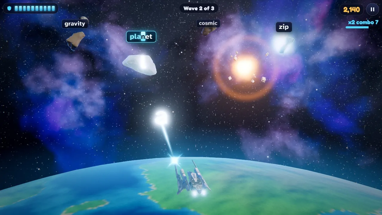 A starfighter firing laser letters at a space rock above the blue ocean planet Bluebell in the asteroid typing game Keystroid