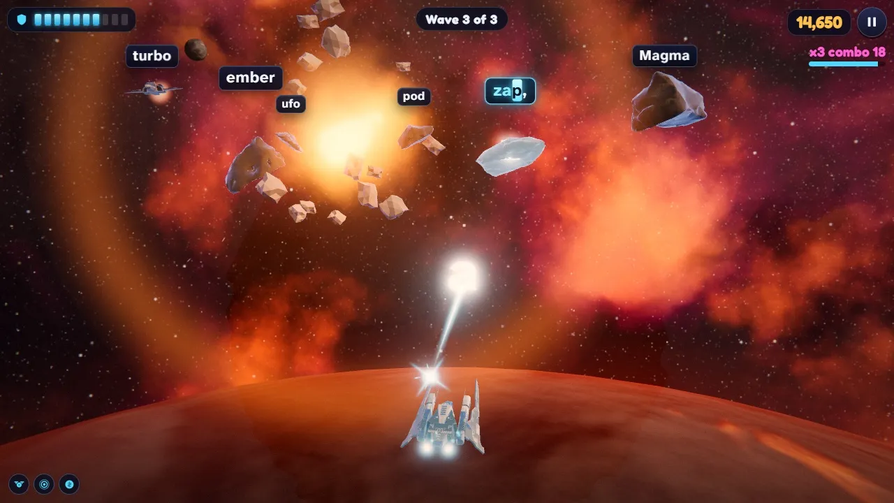A Big Boulder exploding into pebbles over the lava planet Ember, with words that need punctuation