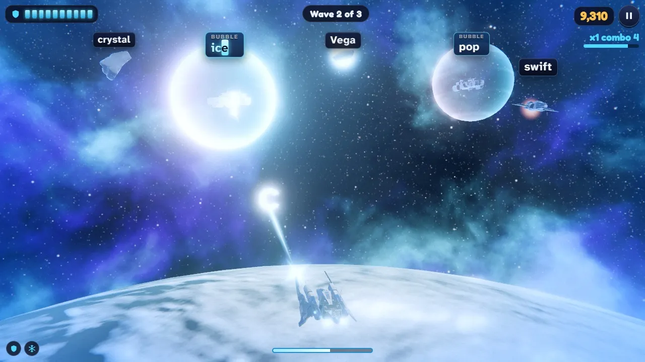 Bubble Ships with capital letter words over the ice planet Glacia while time is slowed down