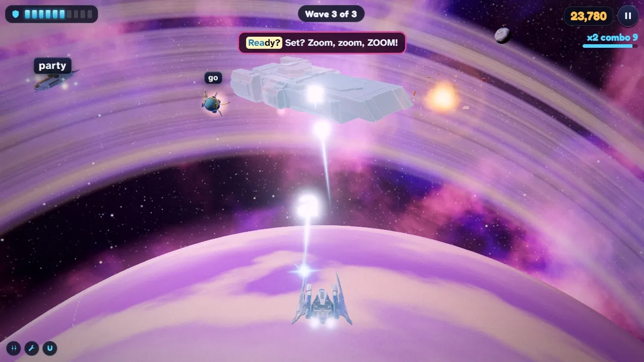 The Mothership over the ringed giant Ringo with its sentence to type shown at the top of the screen