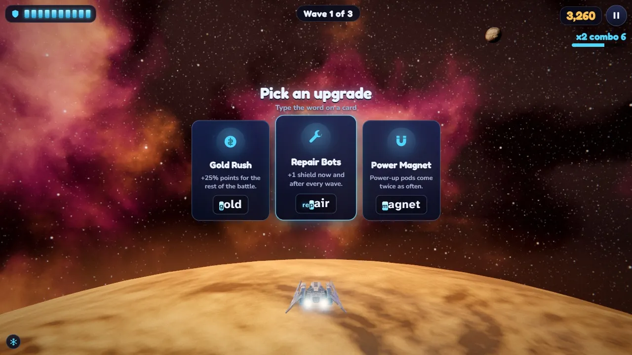 Three upgrade cards between waves: type gold, repair or magnet to pick Gold Rush, Repair Bots or Power Magnet