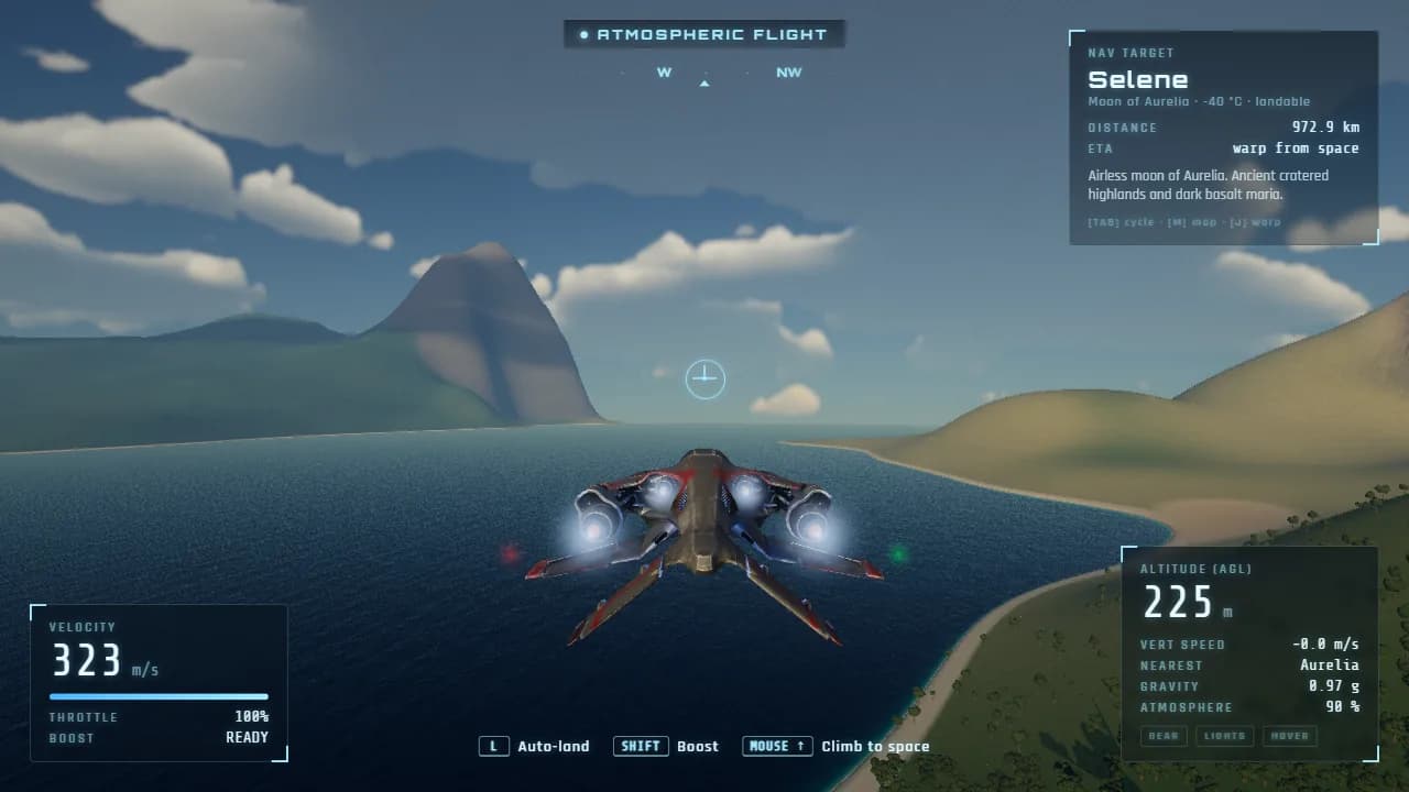 The first flight: skimming out over a blue bay past a mountain on the ocean world Aurelia