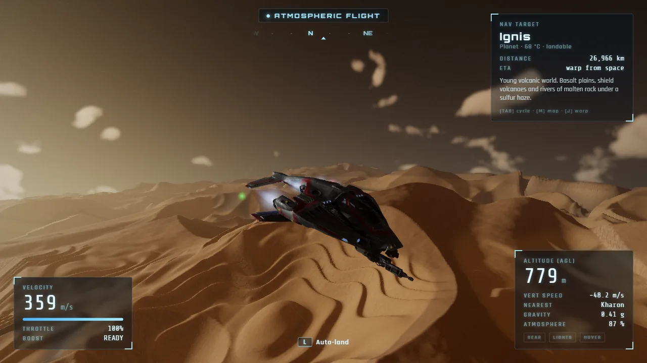 Flying low over the dune sea of Kharon, a desert world under a dusty sky