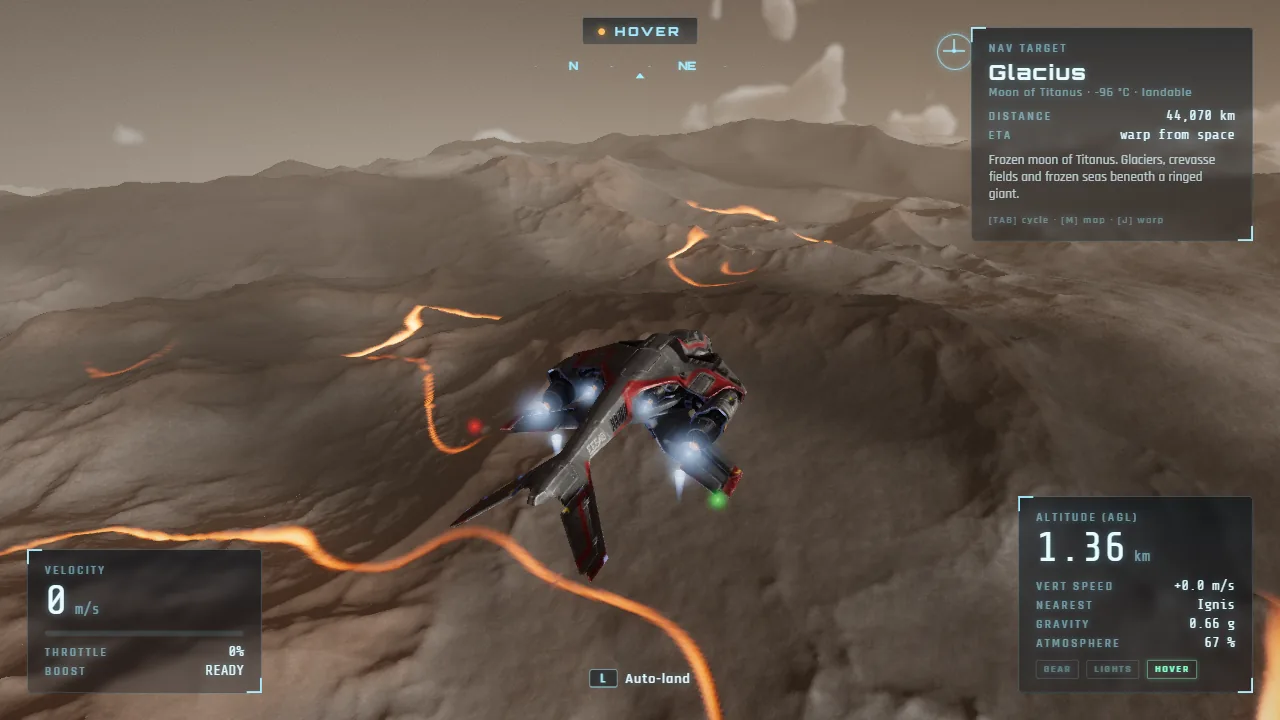 Rivers of glowing lava wind across the volcanic plains of Ignis below the ship