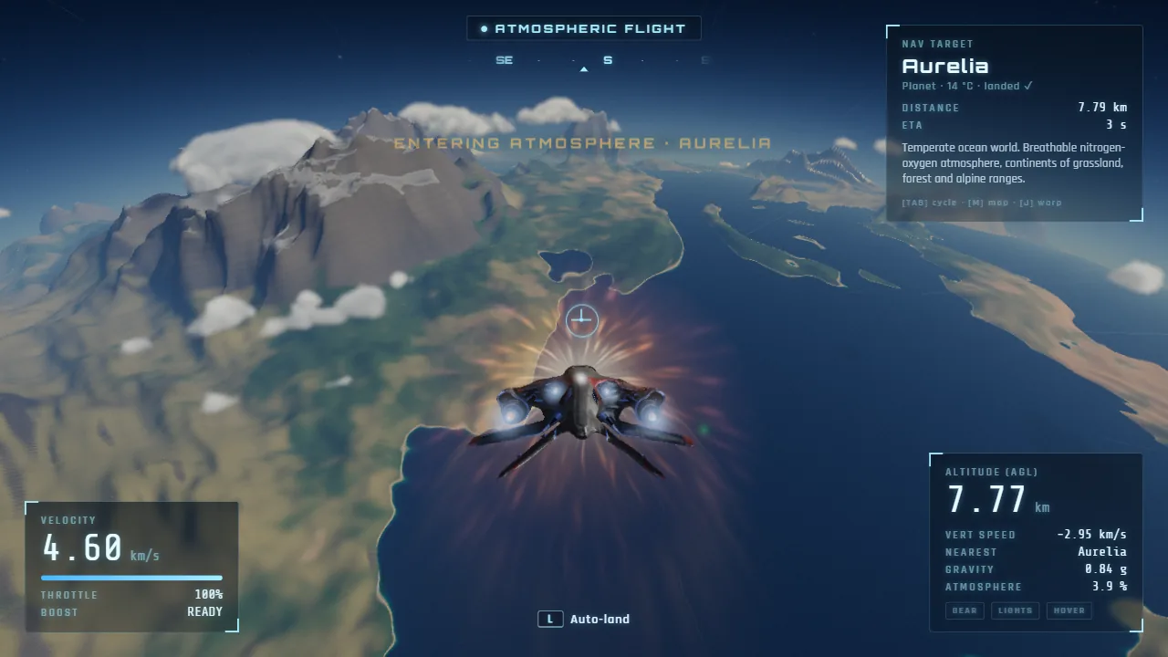 Diving into Aurelia's atmosphere from space as re-entry plasma glows around the ship