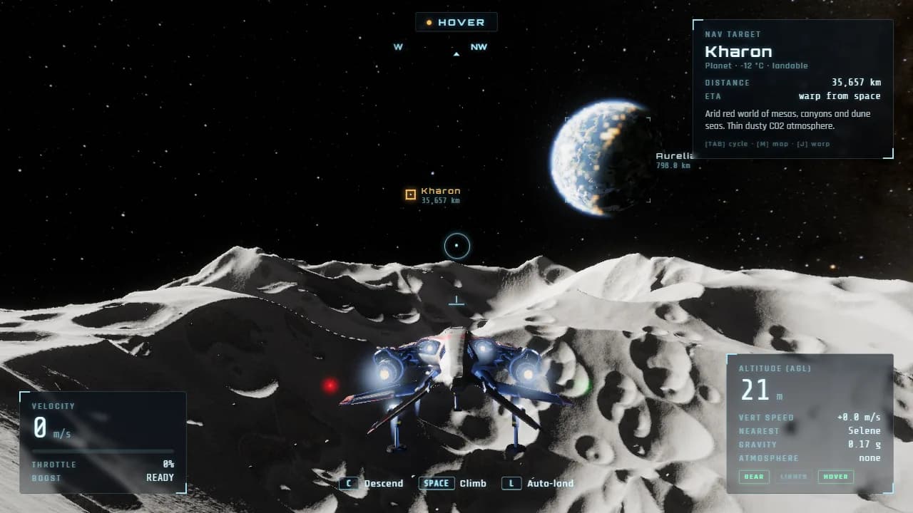 Hovering over the craters of Selene with the blue ocean world Aurelia in the black sky