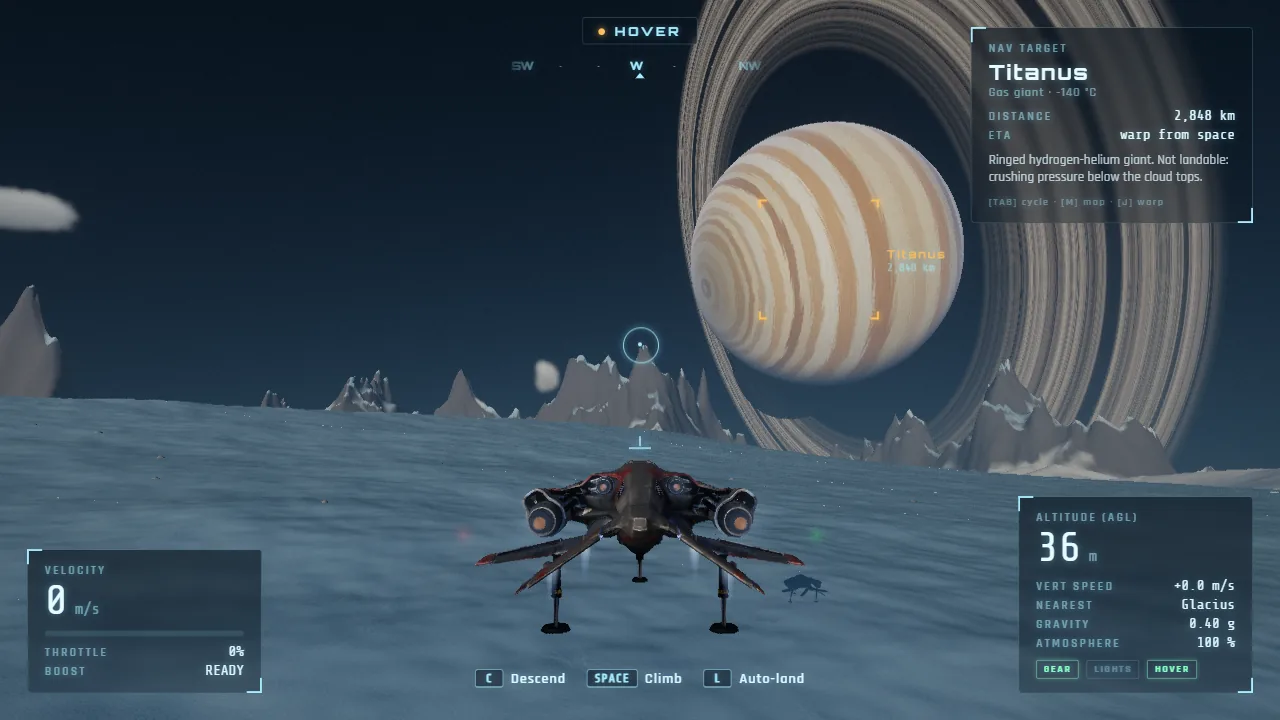 A starfighter hovers over the frozen moon Glacius under Titanus, a giant ringed planet, in the free spaceship simulator Orbitwing