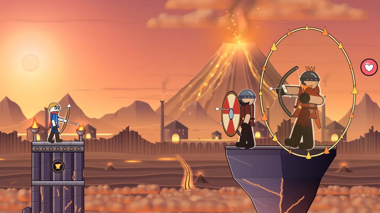 The hero facing Jarl Brenna of the Forge, inside a ring of fire, and a shield bearer in front of the volcano of Emberforge