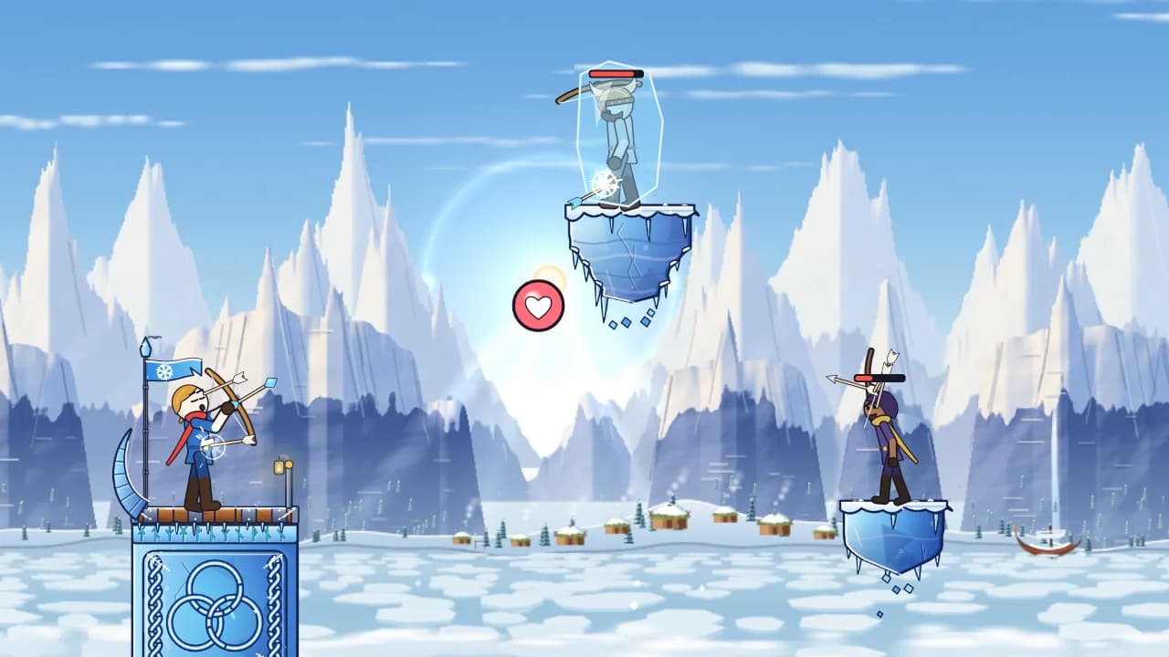 Stickman archers fighting over the snowy peaks of Frostfjord, with one raider frozen solid on a floating ice rock