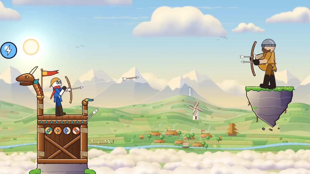A stickman archer drawing a bow on a wooden tower in Meadowhold, facing a big Viking raider on a floating rock over green hills