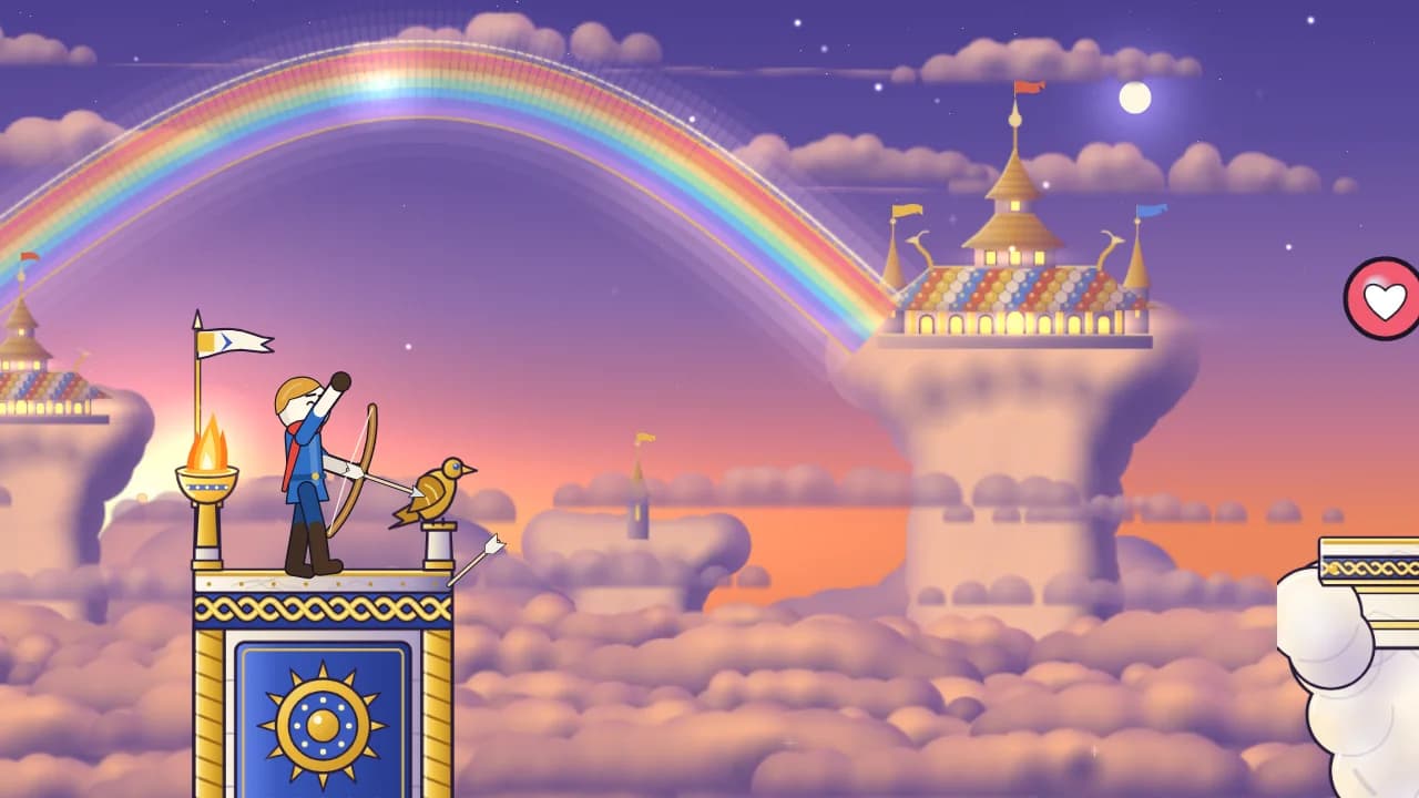 A stickman archer on a golden tower in Skyhall, under a rainbow and a castle in the clouds