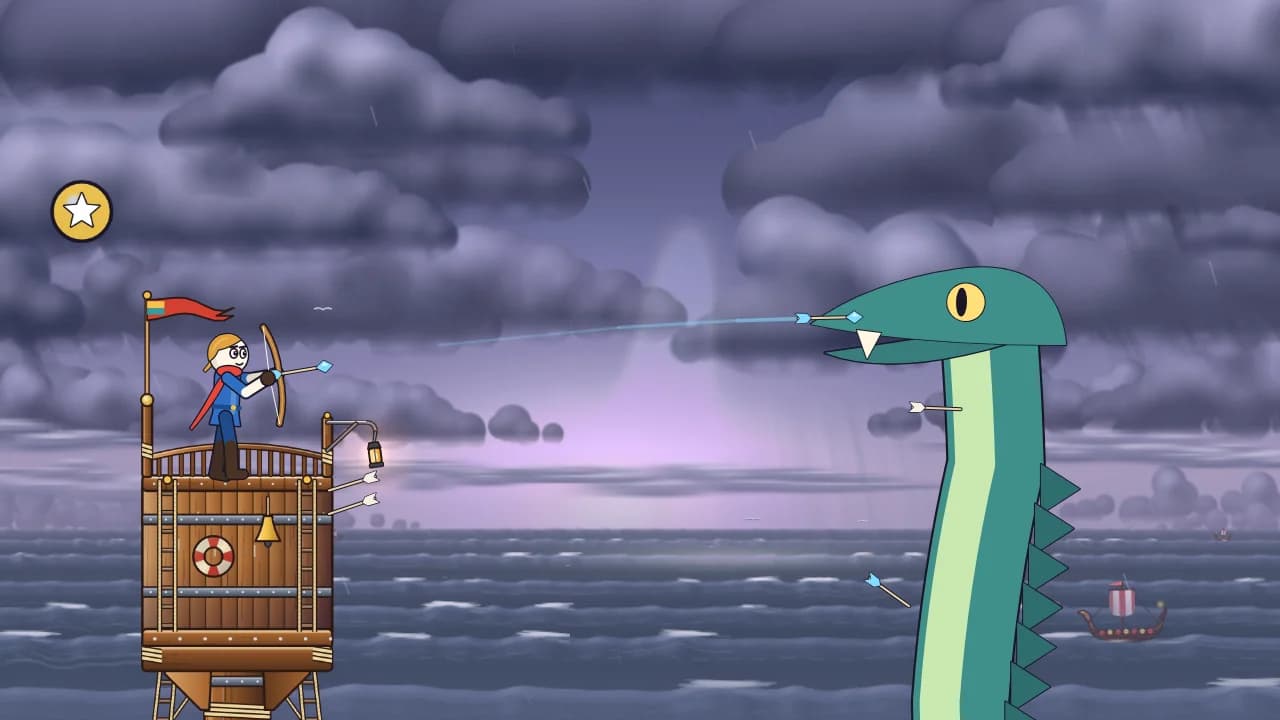 The sea serpent Skaldra of the Deep rising from the stormy waves of Stormsea in front of the hero's tower