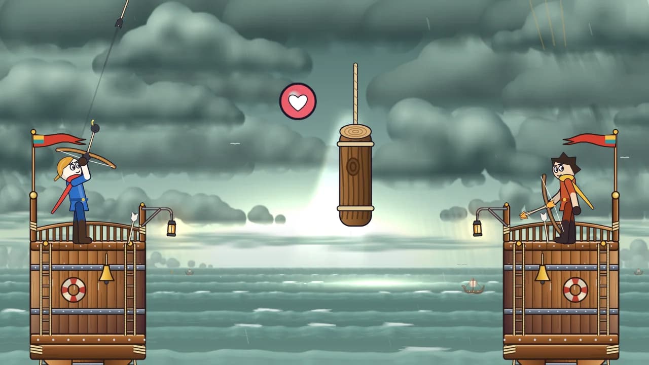 Two stickman archers on two towers over a stormy sea in a 2 player duel, with a swinging log between them