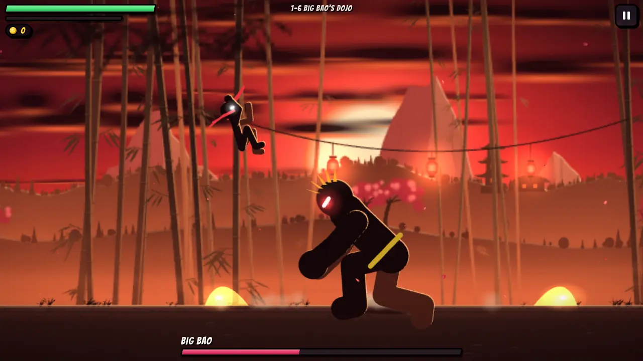 The hero flips over the shockwaves of Big Bao, the giant boss of Bamboo Valley, under a blood-red sunset