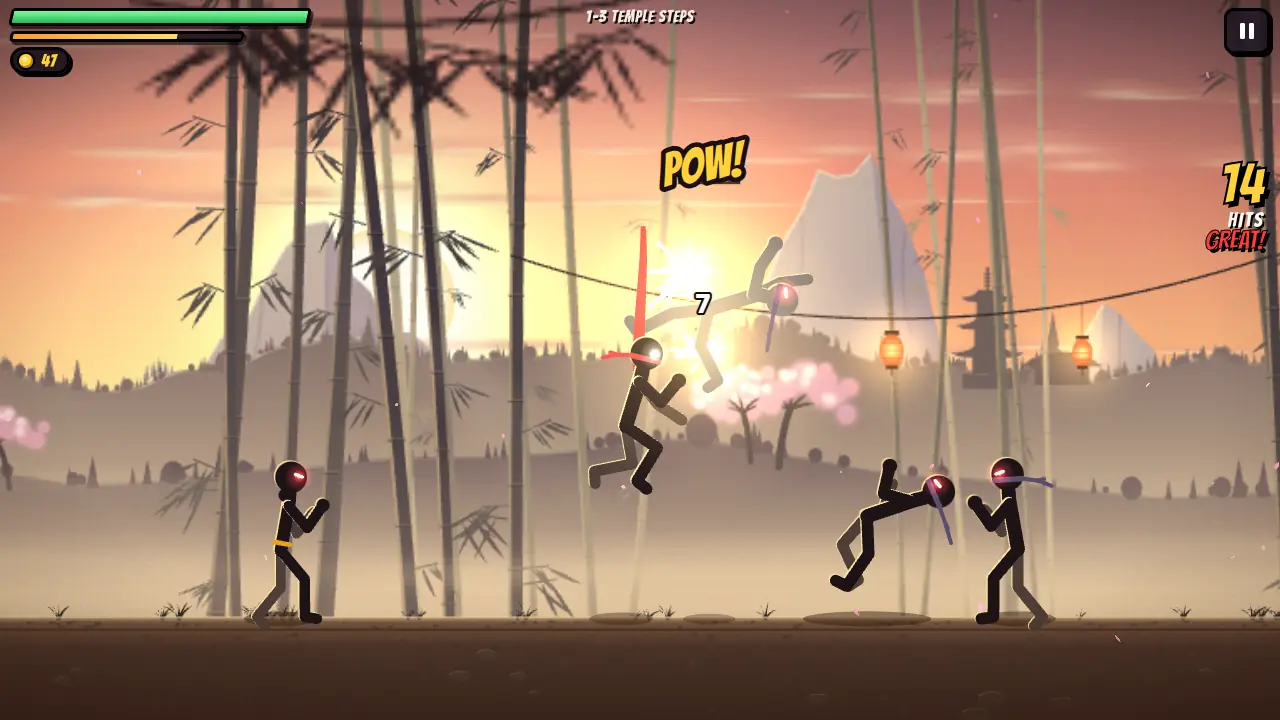 A stickman juggles an evil stickman in the air with a POW! punch in the free stickman fighting game Smackstick