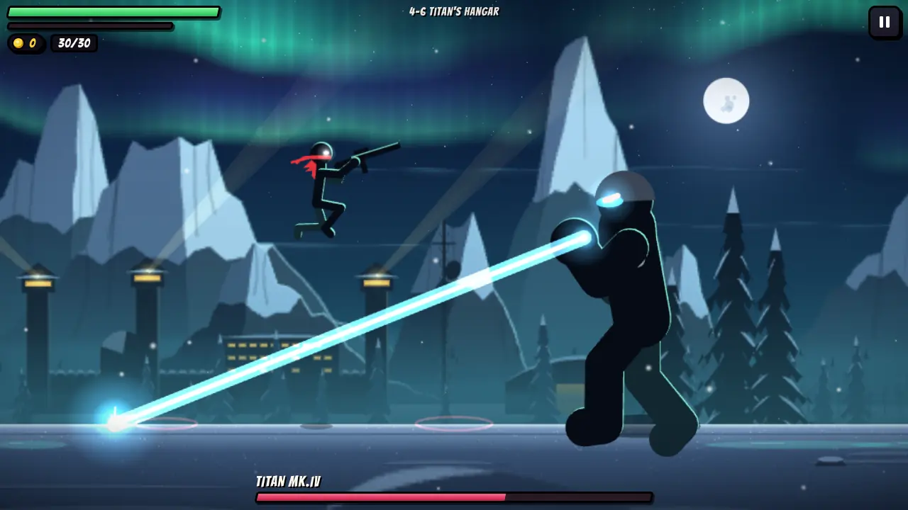 Jumping over the Titan Mk.IV mech's laser sweep in the Frost Peak fortress under the aurora