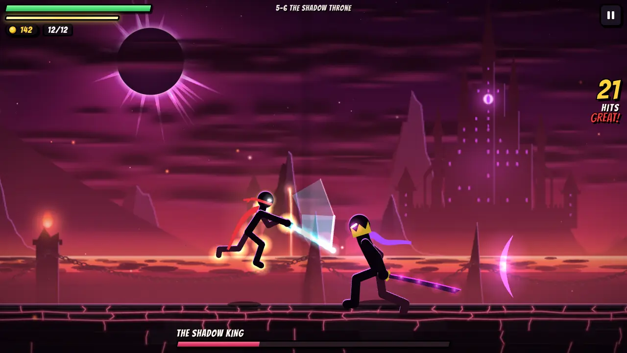 The final battle: the hero leaps at the Shadow King with a plasma blade under an eclipse