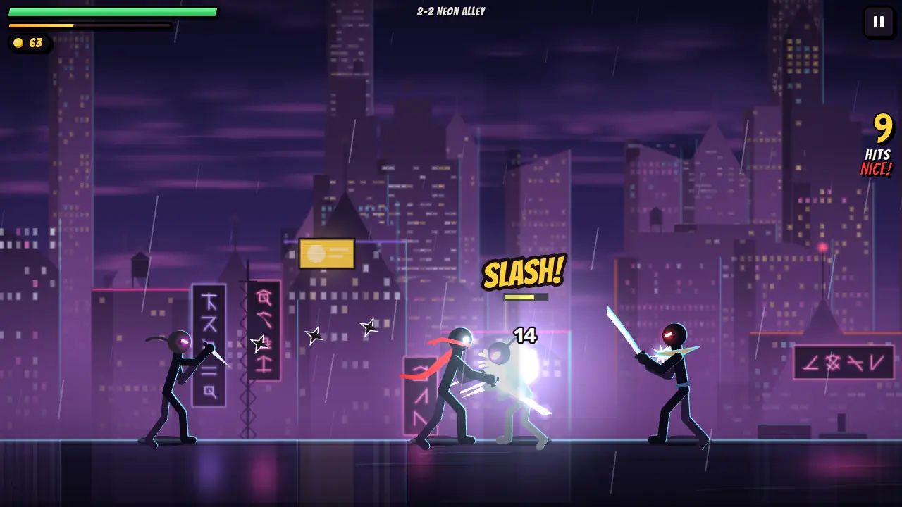 Katana slash on a ninja on a rainy Neon City rooftop while shurikens fly in