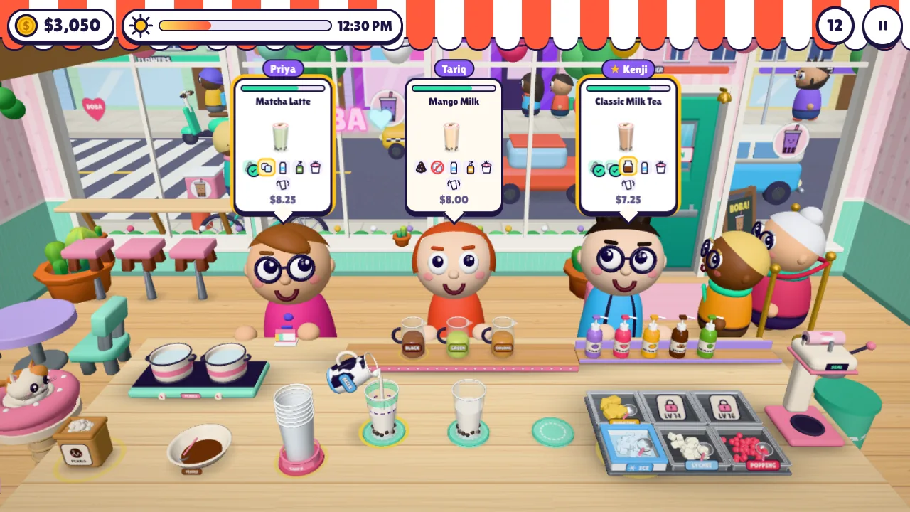 Making bubble tea in Bobalionaire: pouring milk into a cup of tapioca pearls while customers wait with their boba orders