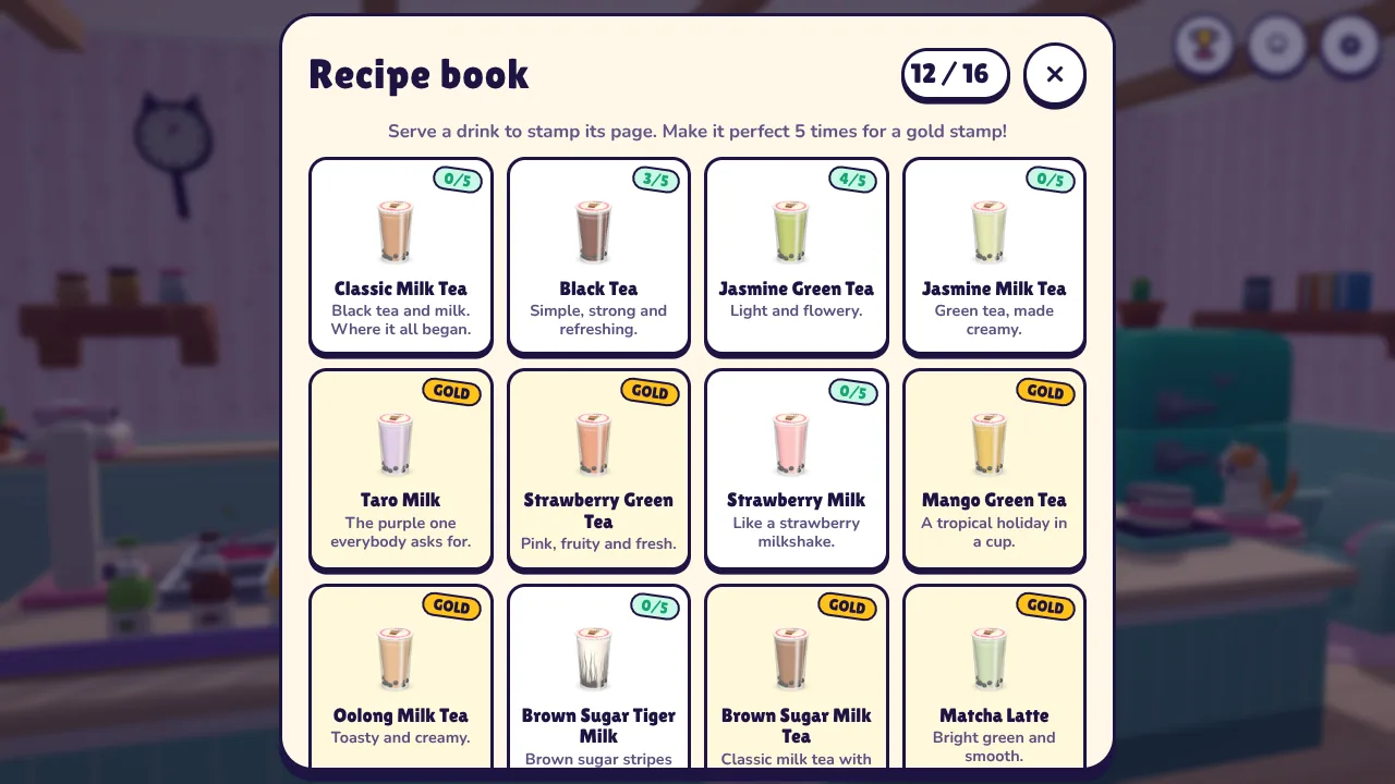 Grandma Lin's recipe book with 16 boba drinks to collect, from Classic Milk Tea to Matcha Latte