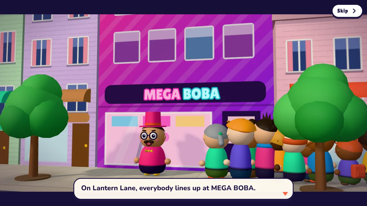 The story intro: everybody lines up at the flashy MEGA BOBA across the street from Grandma's tea house