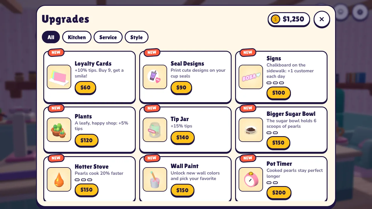 The upgrades shop with loyalty cards, printed cup seals, a tip jar and a hotter stove