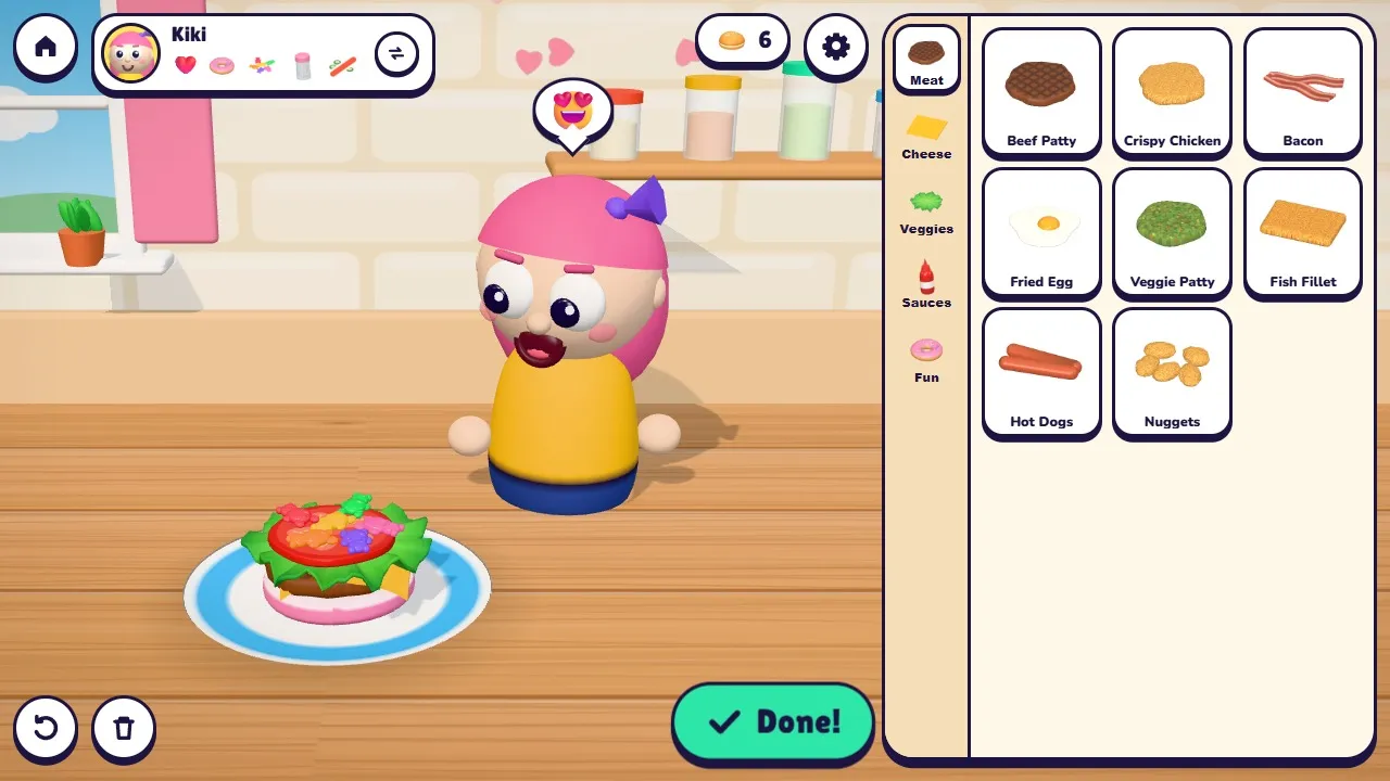 Building a burger on a pink bun while Kiki watches with heart eyes