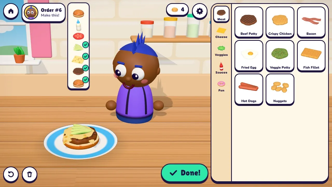 Order Up mode: the order ticket shows which layers to stack