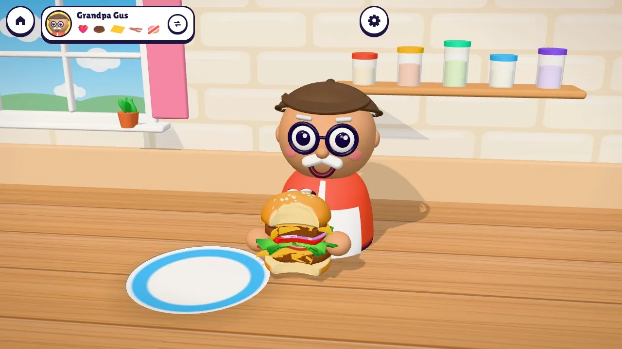 Grandpa Gus holds up the burger with a big bite taken out of it