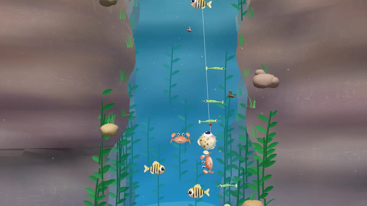 Steering the hook past cute cartoon fish on the way down in the cozy fishing game Catchy Cove