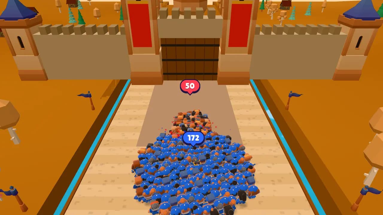 A blue crowd storming a castle gate defended by a red army in the autumn woods