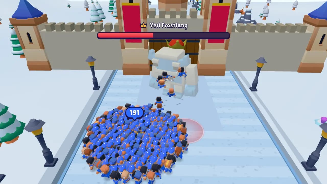 The crowd fighting Yeti Frostfang at his snowy castle while dodging a red slam zone