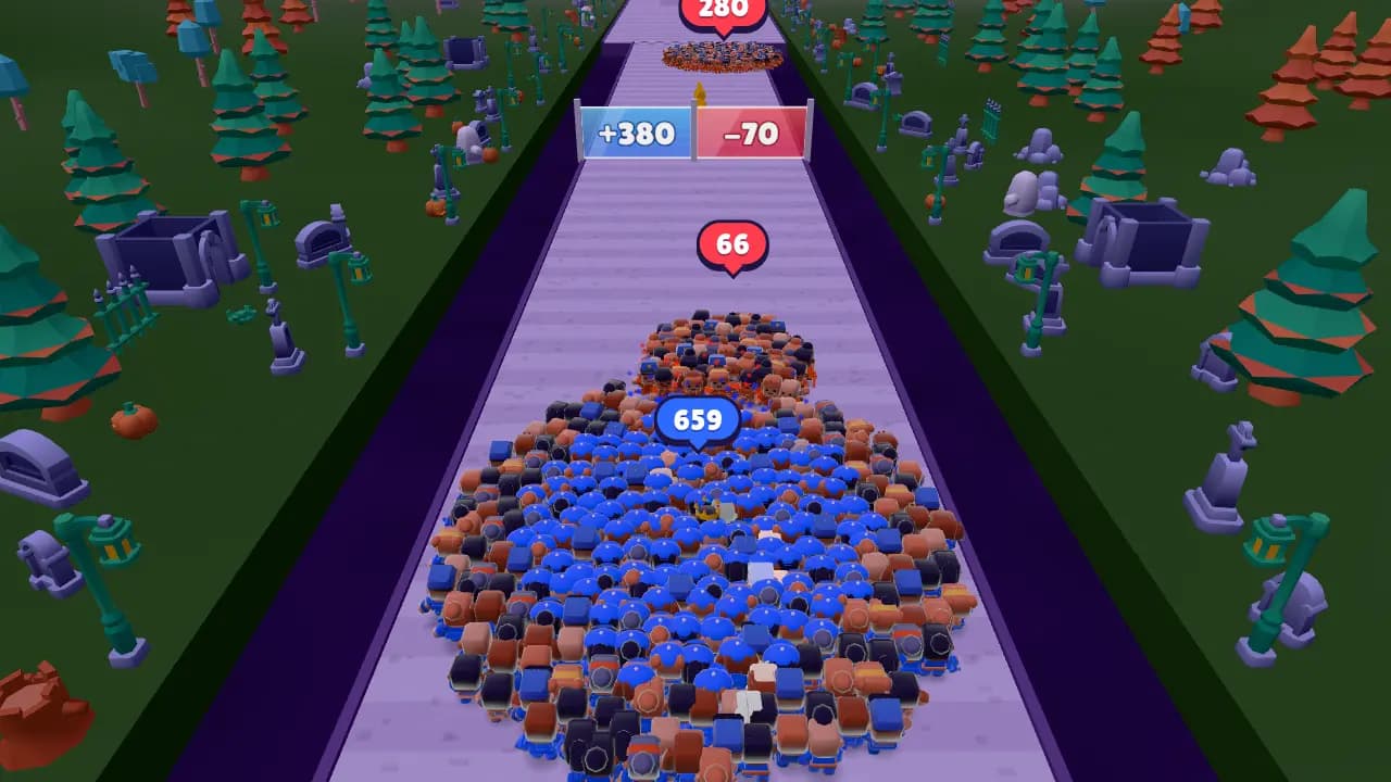 A huge blue crowd of 659 crashing into a red crowd on a purple track in Spooky Hollow